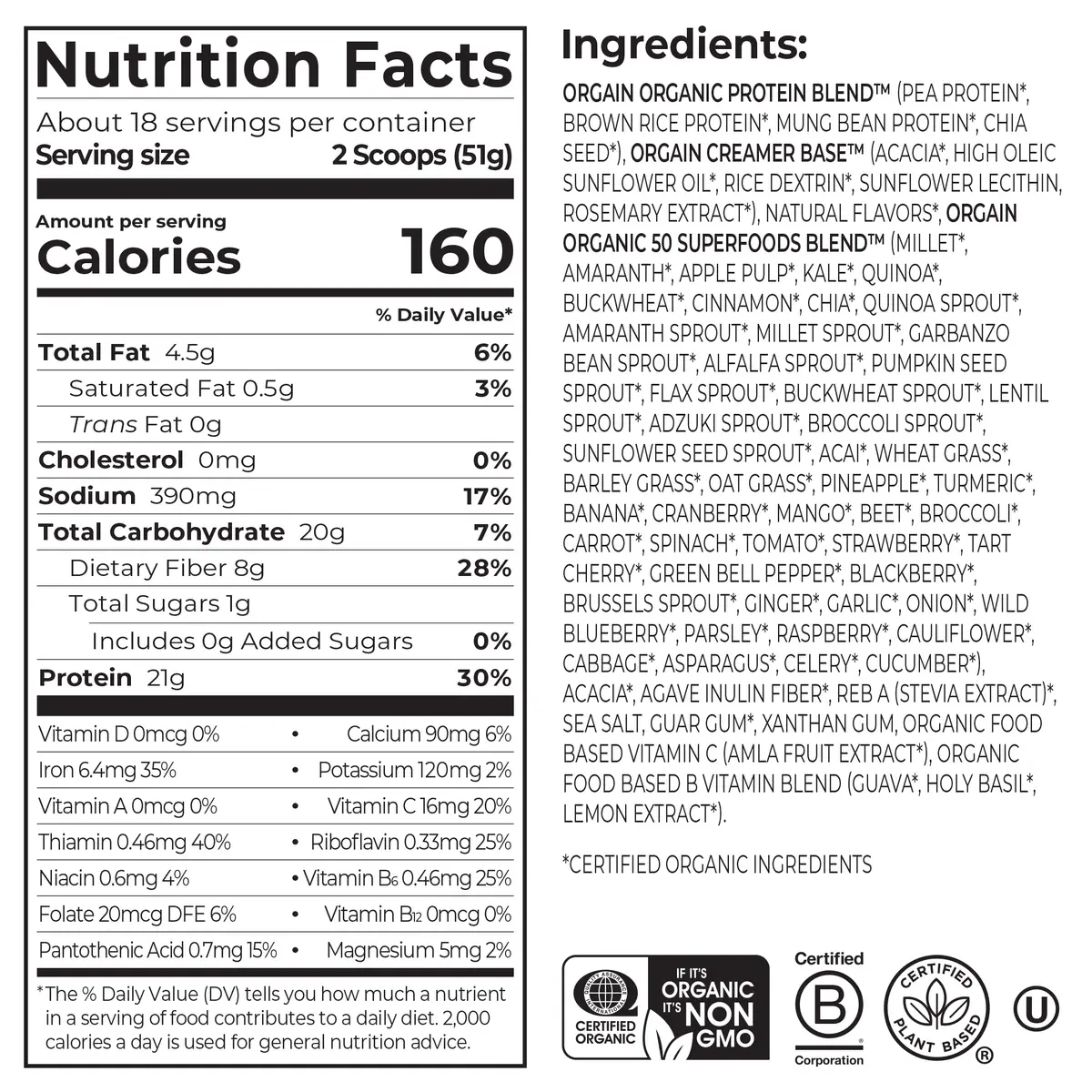 Organic Protein + Superfoods Protein Powder Plant Based Vanilla Bean 18 Servings