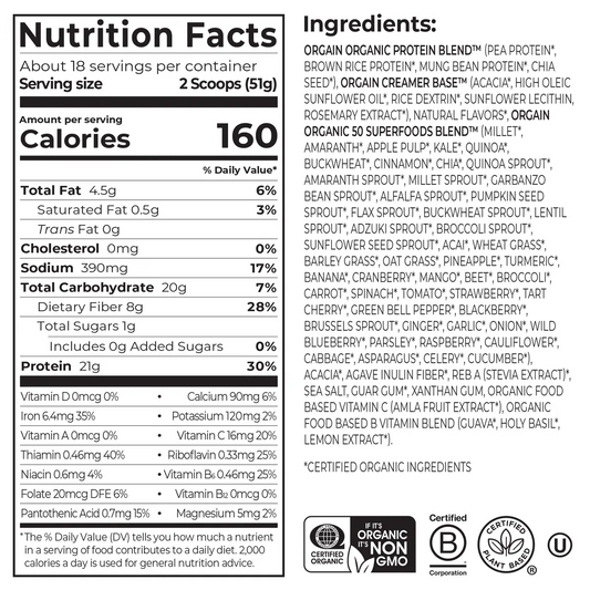 Organic Protein + Superfoods Protein Powder Plant Based Vanilla Bean 18 Servings