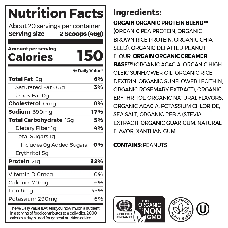 Organic Protein Powder Plant Based Peanut Butter 20 Servings