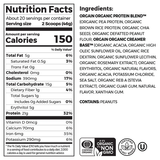 Organic Protein Powder Plant Based Peanut Butter 20 Servings