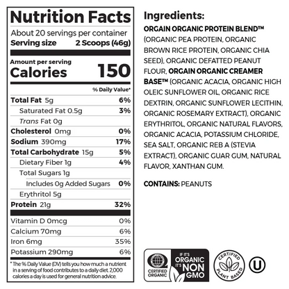 Organic Protein Powder Plant Based Peanut Butter 20 Servings