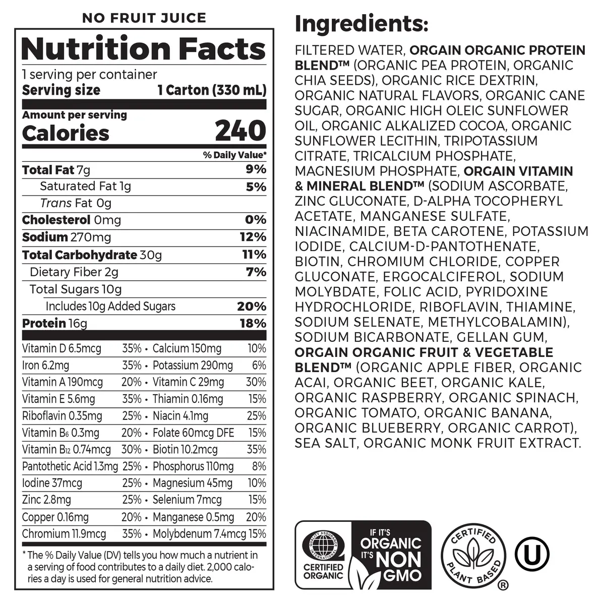 Vegan Organic Nutrition Shake Smooth Chocolate Single Serving Pack